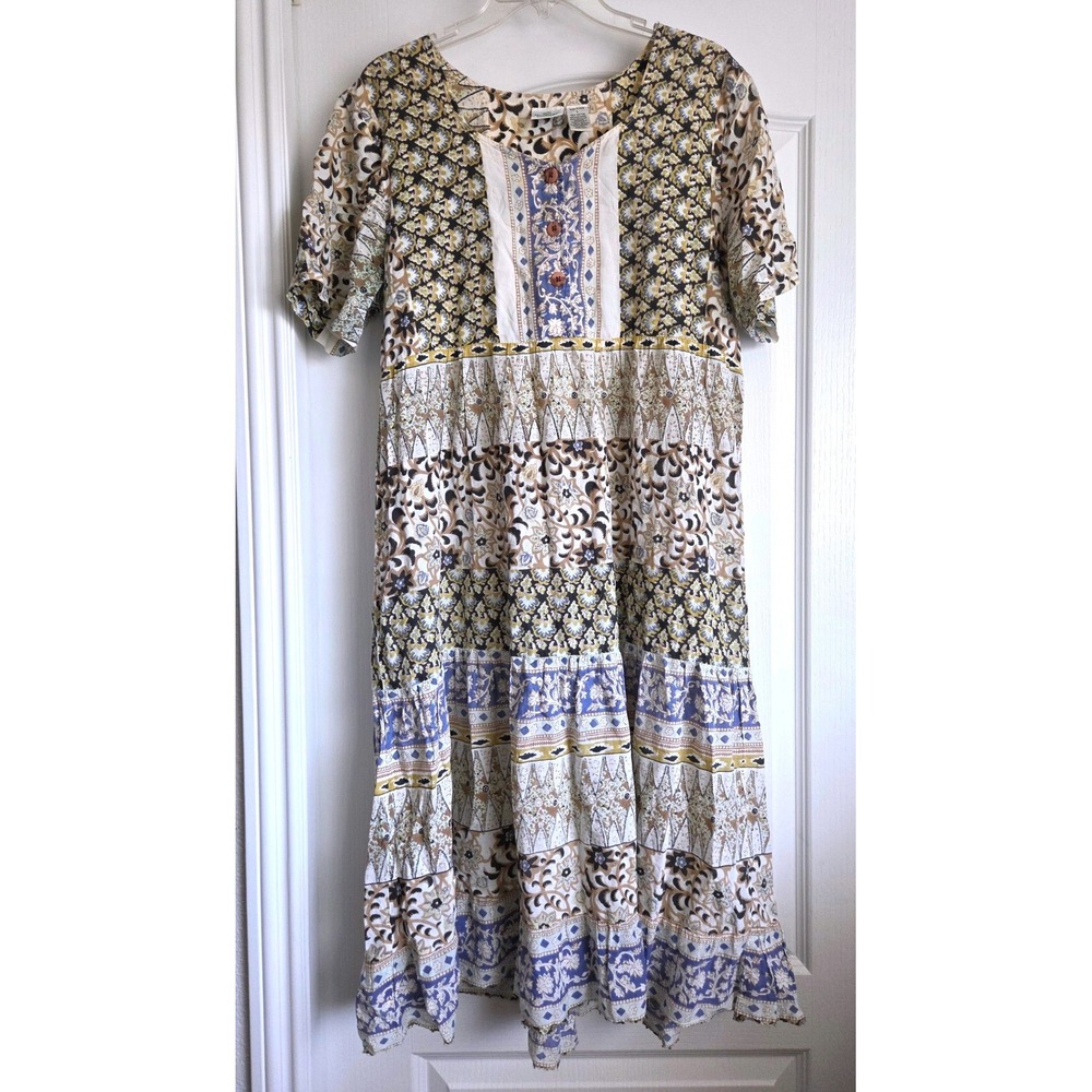 VTG Smithsonian Institution Cotton Patchwork Tiered Midi Dress Sz L Cottagecore